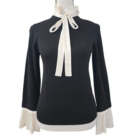 NWT $395 Alice + Olivia Wool Silk Bow Tie Sweater XS Black Ruffle Quiet Luxury - Picture 1 of 9